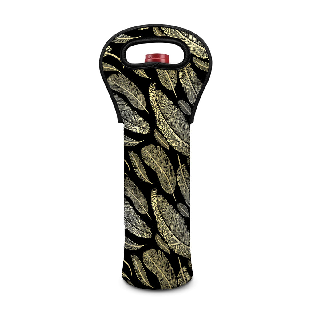 Gold And Black Feather Pattern Print Single Neoprene Wine Tote