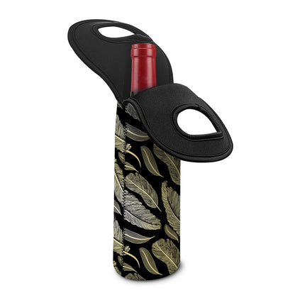 Gold And Black Feather Pattern Print Single Neoprene Wine Tote