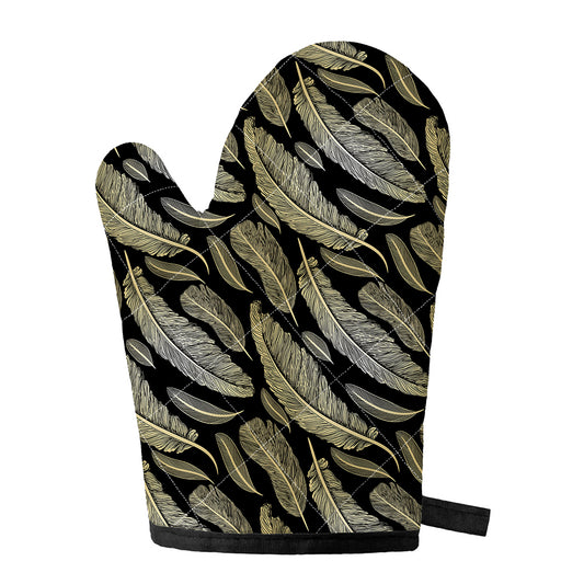 Gold And Black Feather Pattern Print Single Oven Mitt