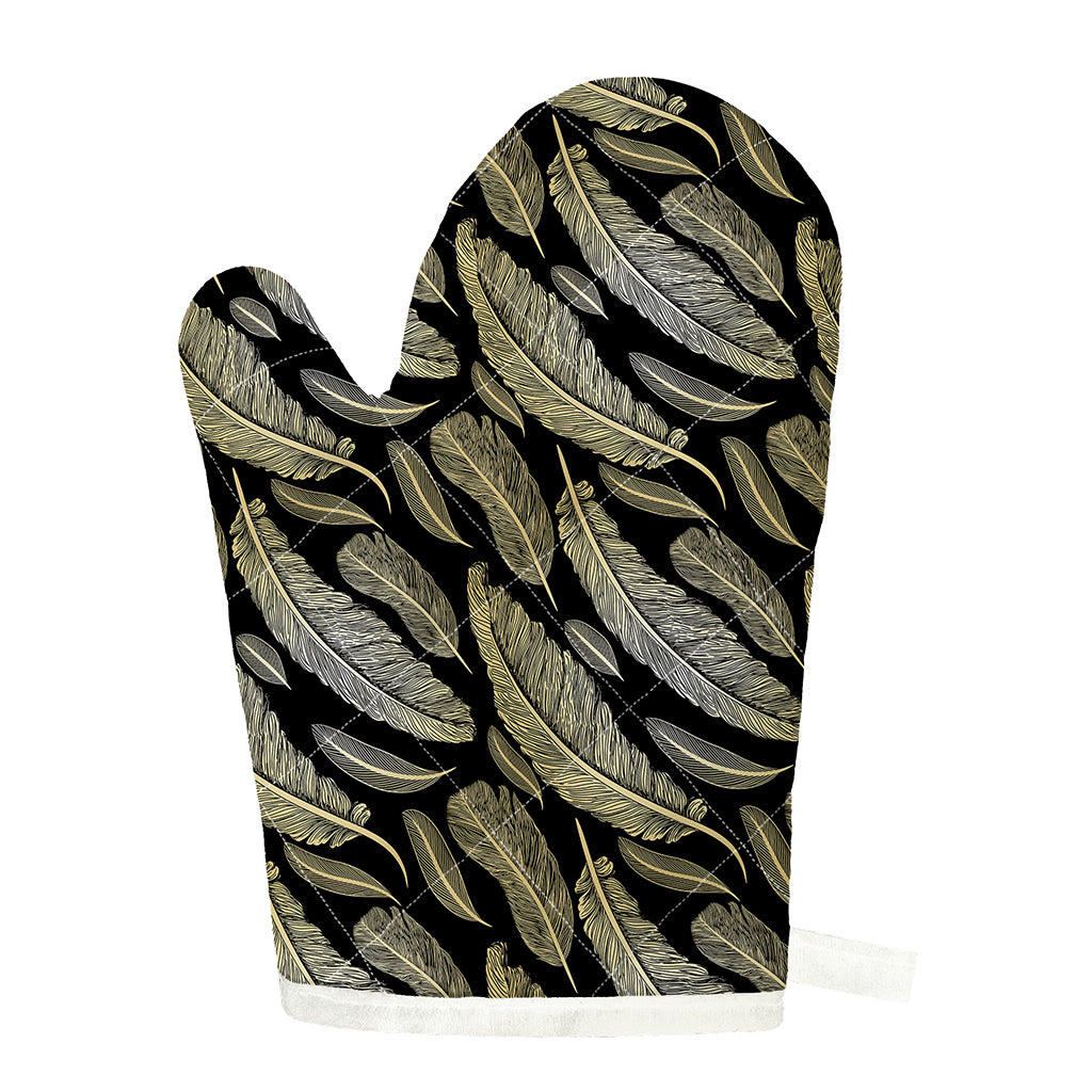 Gold And Black Feather Pattern Print Single Oven Mitt