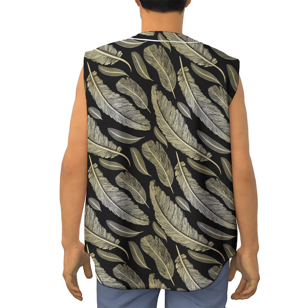 Gold And Black Feather Pattern Print Sleeveless Baseball Jersey