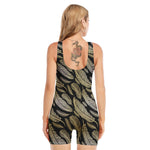 Gold And Black Feather Pattern Print Sleeveless One Piece Swimsuit