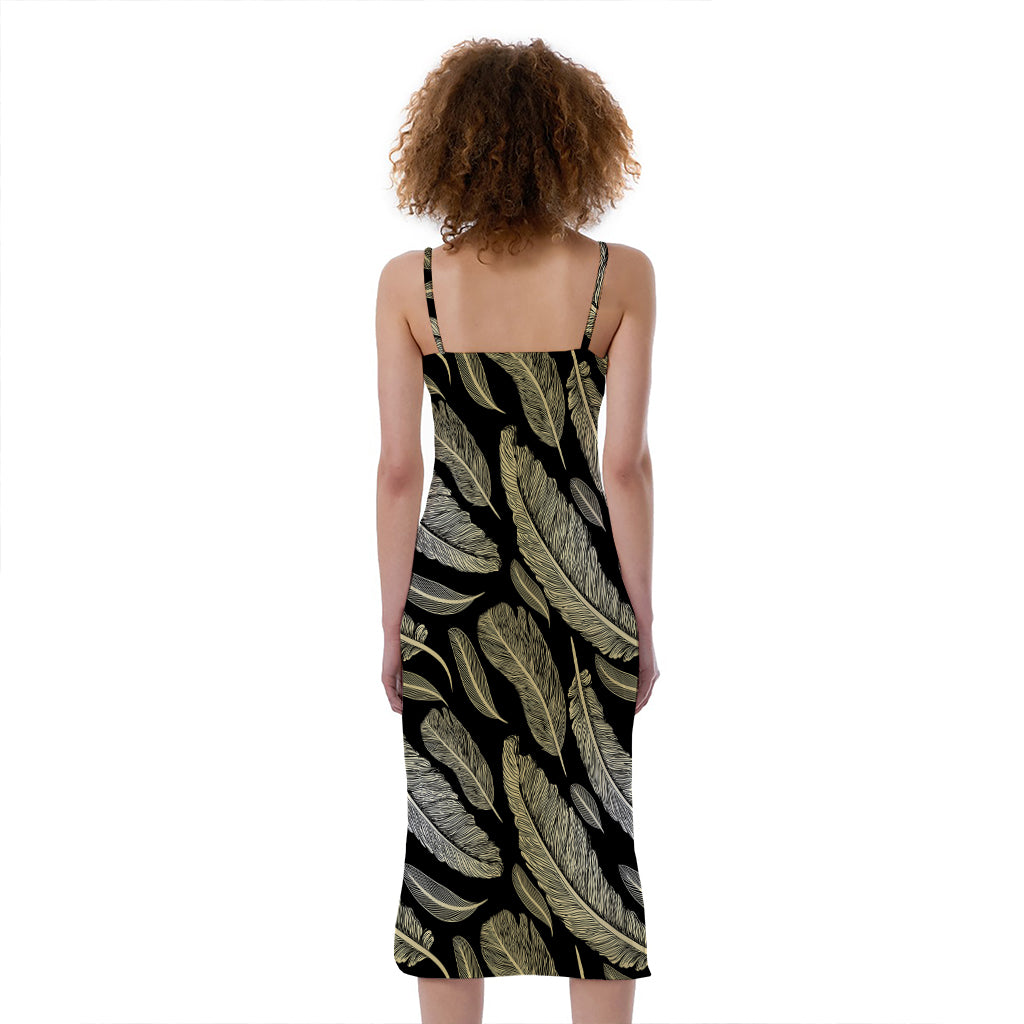 Gold And Black Feather Pattern Print Slim Fit Midi Cami Dress