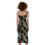 Gold And Black Feather Pattern Print Slim Fit Midi Cami Dress