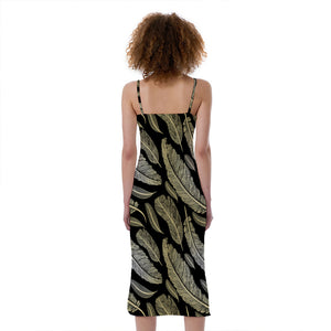 Gold And Black Feather Pattern Print Slim Fit Midi Cami Dress