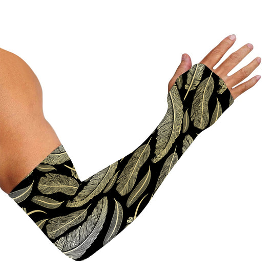 Gold And Black Feather Pattern Print Sun Protection Arm Sleeves