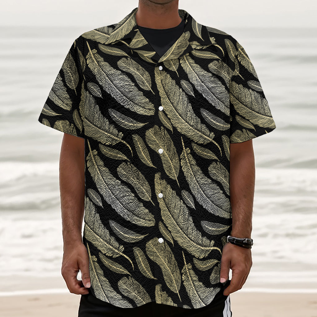 Gold And Black Feather Pattern Print Textured Short Sleeve Shirt