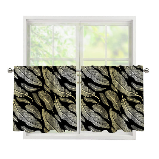Gold And Black Feather Pattern Print Tier Curtains