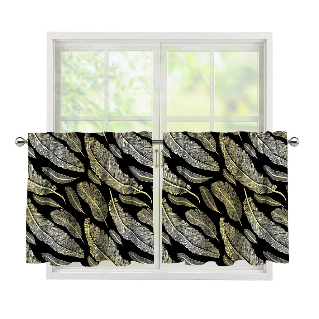 Gold And Black Feather Pattern Print Tier Curtains