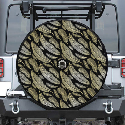 Gold And Black Feather Pattern Print Tire Cover With Camera Hole