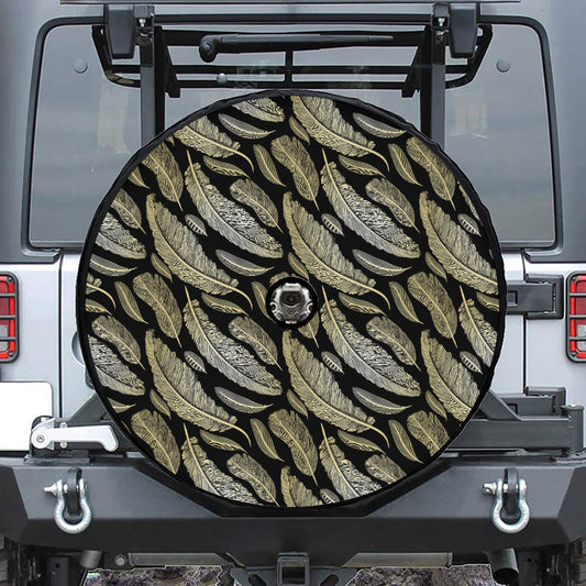 Gold And Black Feather Pattern Print Tire Cover With Camera Hole