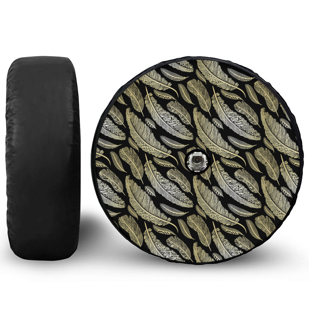 Gold And Black Feather Pattern Print Tire Cover With Camera Hole