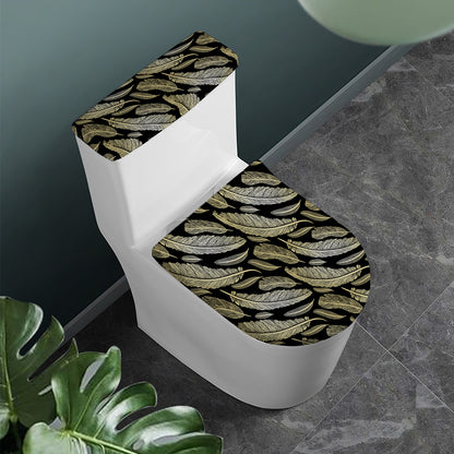 Gold And Black Feather Pattern Print Toilet Lid And Tank Cover Set