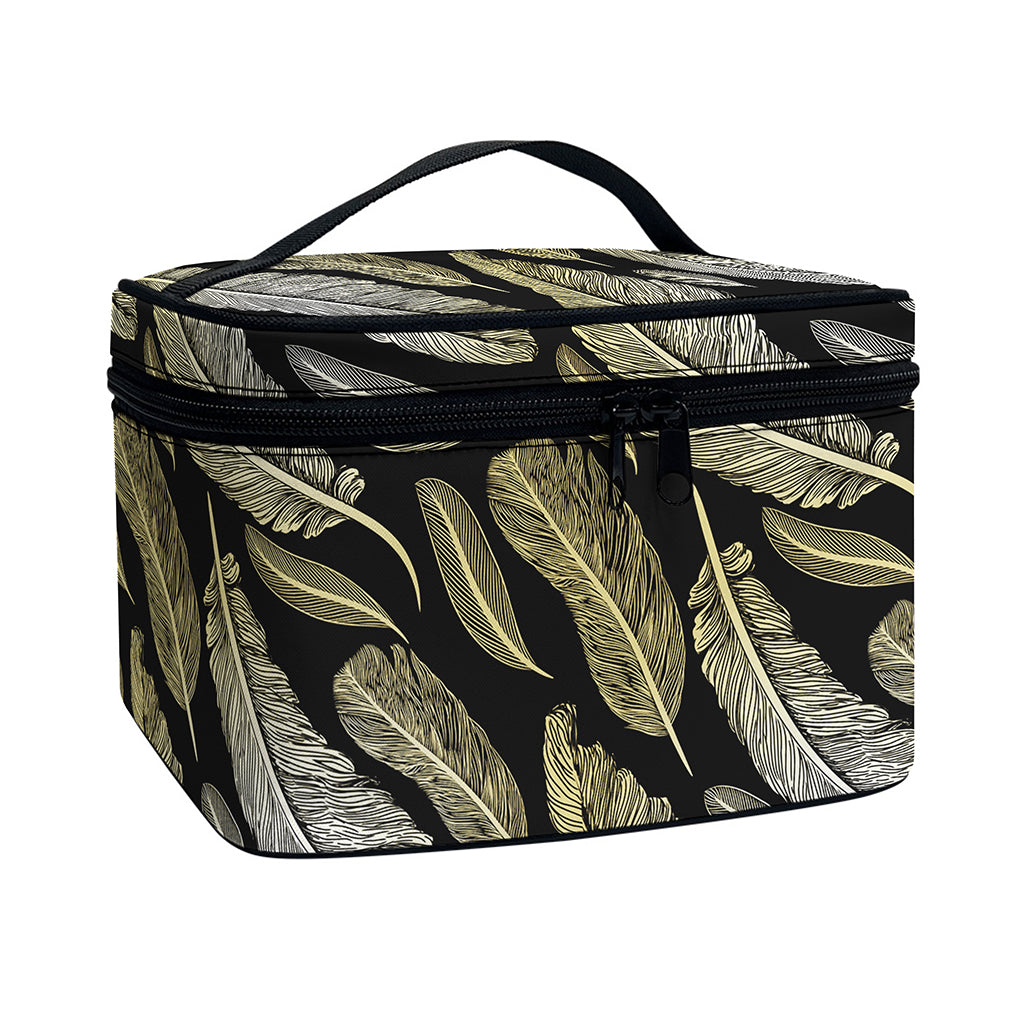 Gold And Black Feather Pattern Print Travel Makeup Bag