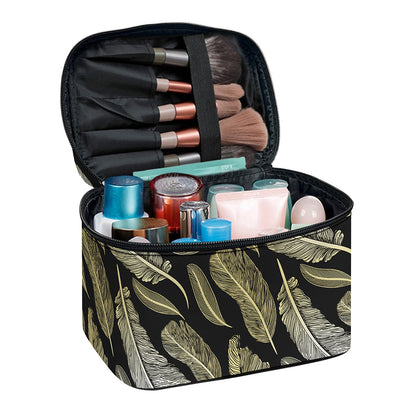 Gold And Black Feather Pattern Print Travel Makeup Bag