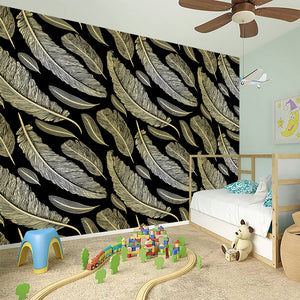 Gold And Black Feather Pattern Print Wall Sticker