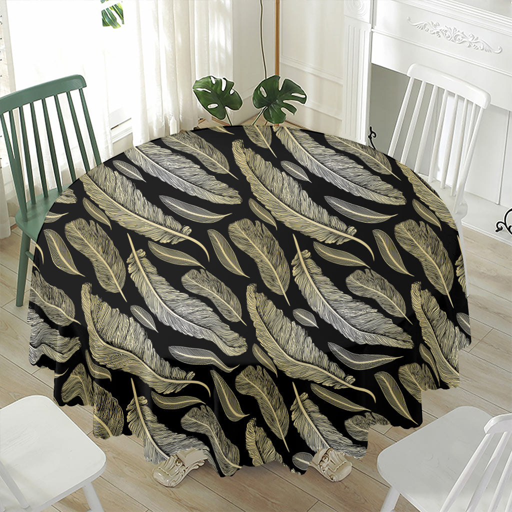 Gold And Black Feather Pattern Print Waterproof Round Tablecloth