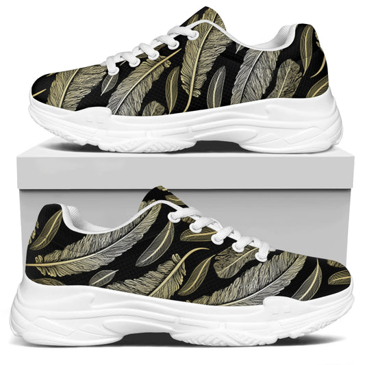 Gold And Black Feather Pattern Print White Chunky Shoes