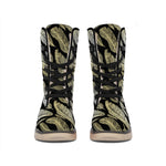 Gold And Black Feather Pattern Print Winter Boots