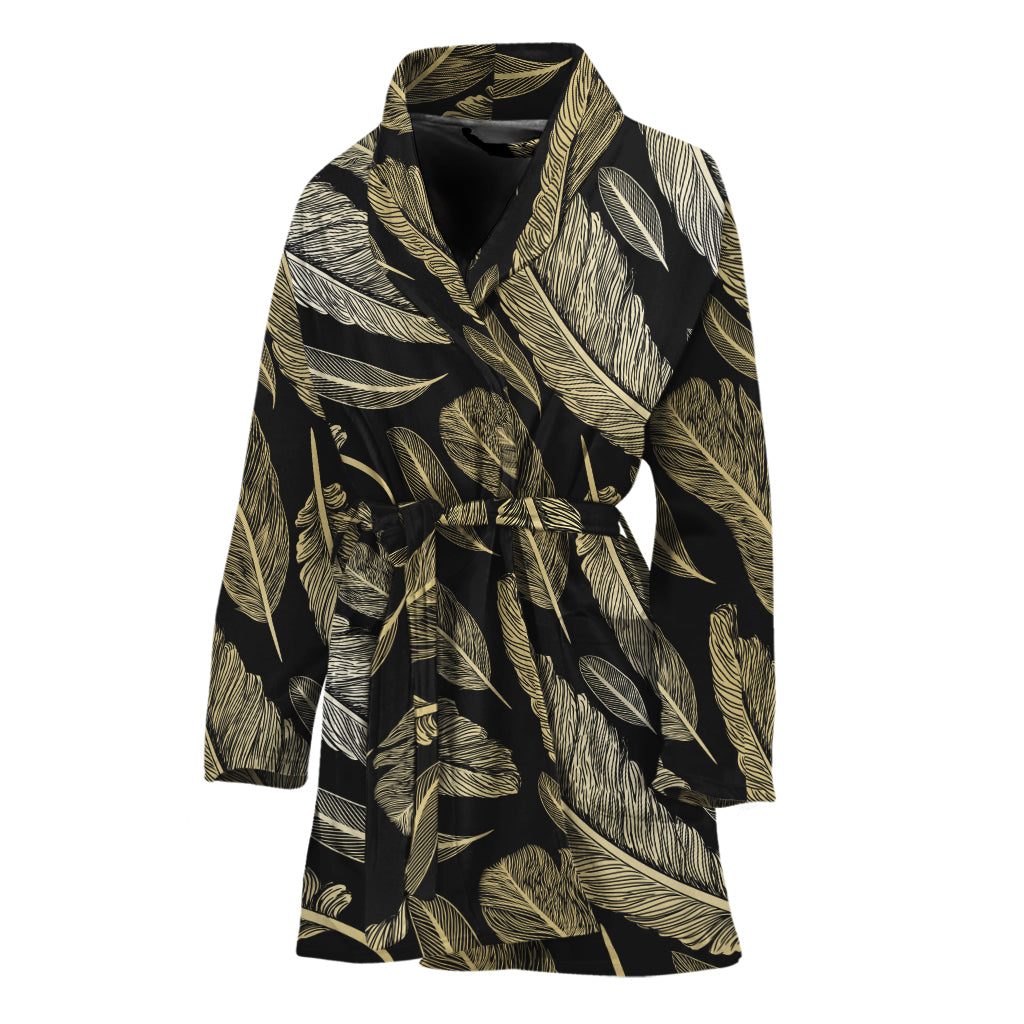 Gold And Black Feather Pattern Print Women's Bathrobe