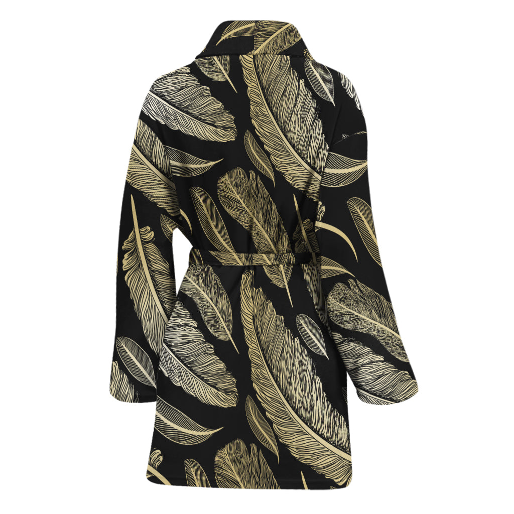 Gold And Black Feather Pattern Print Women's Bathrobe