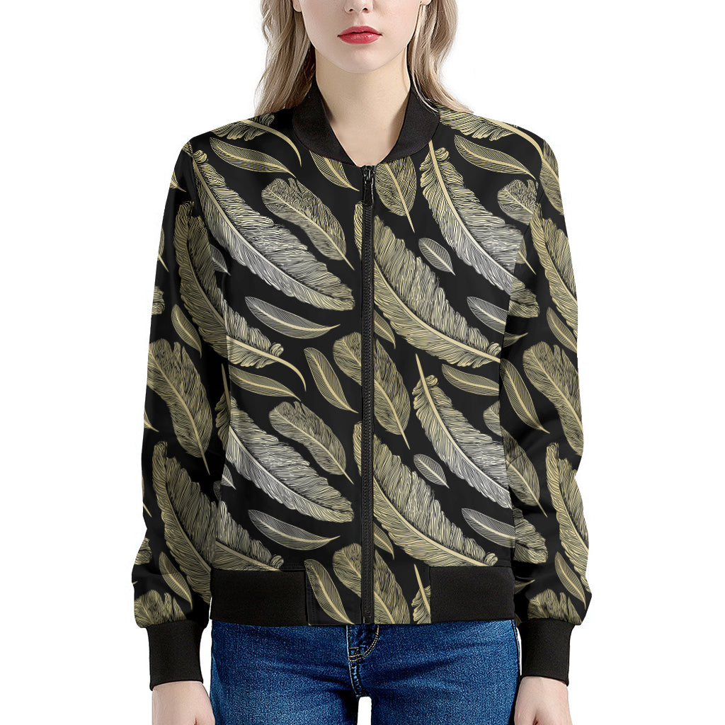 Gold And Black Feather Pattern Print Women's Bomber Jacket