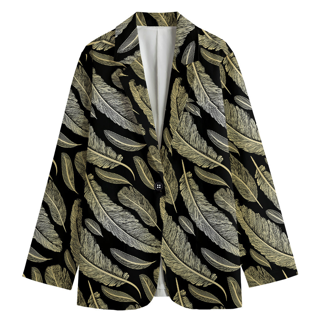 Gold And Black Feather Pattern Print Women's Cotton Blazer