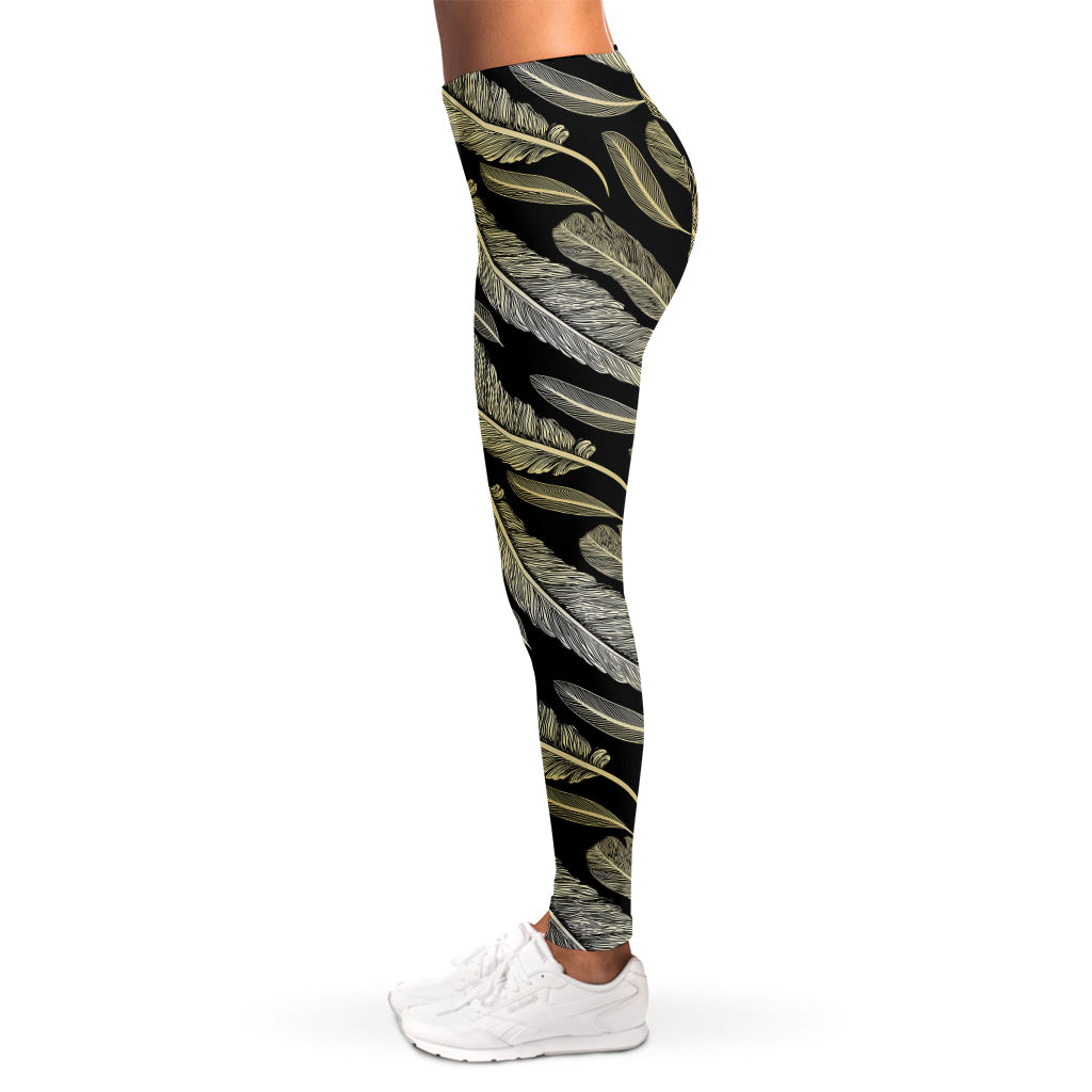 Gold And Black Feather Pattern Print Women's Leggings