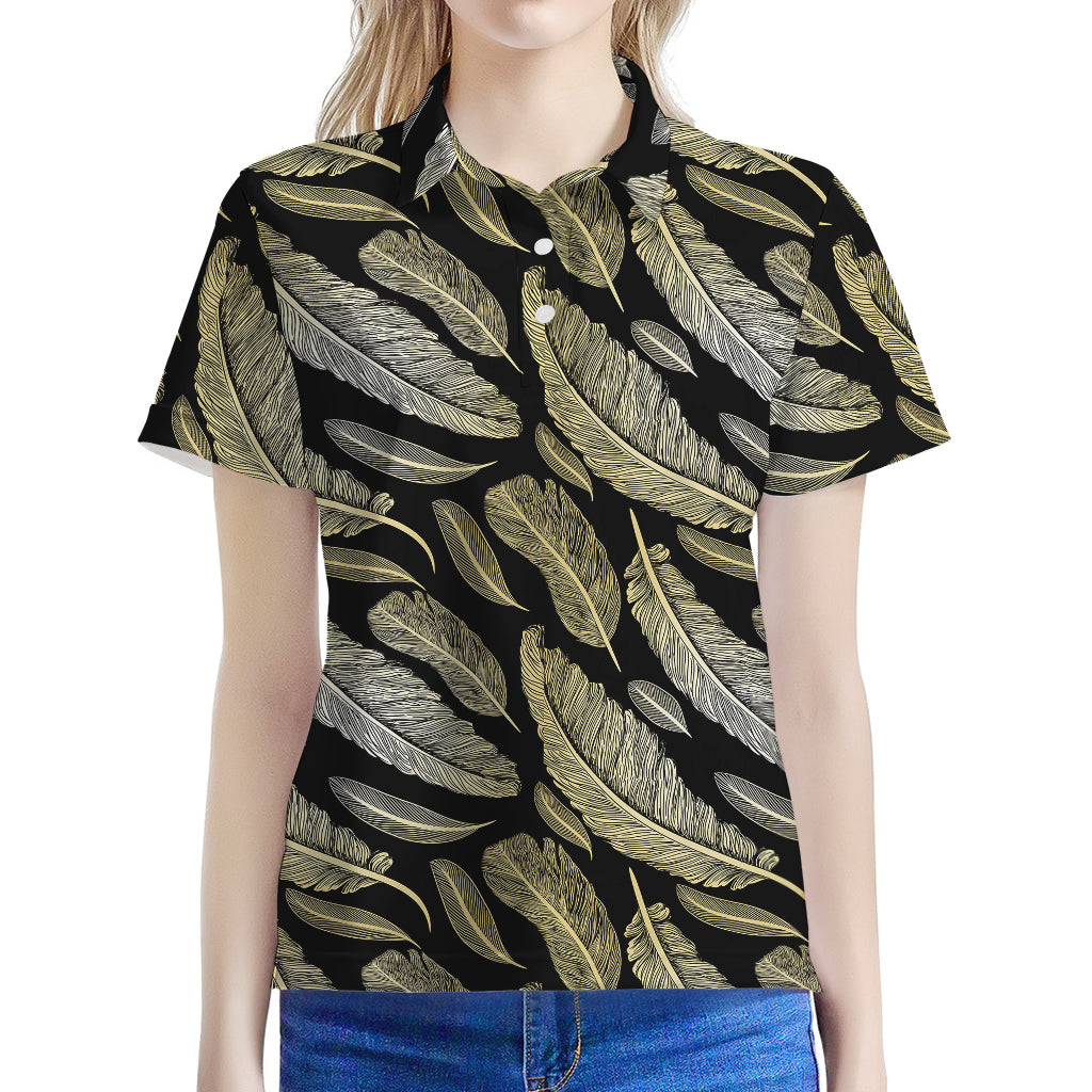 Gold And Black Feather Pattern Print Women's Polo Shirt