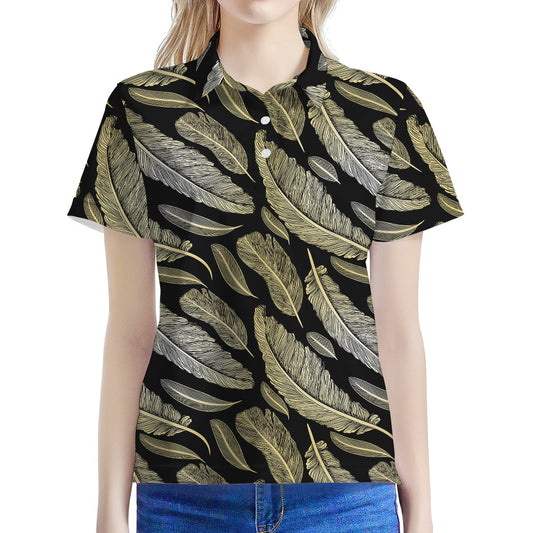 Gold And Black Feather Pattern Print Women's Polo Shirt