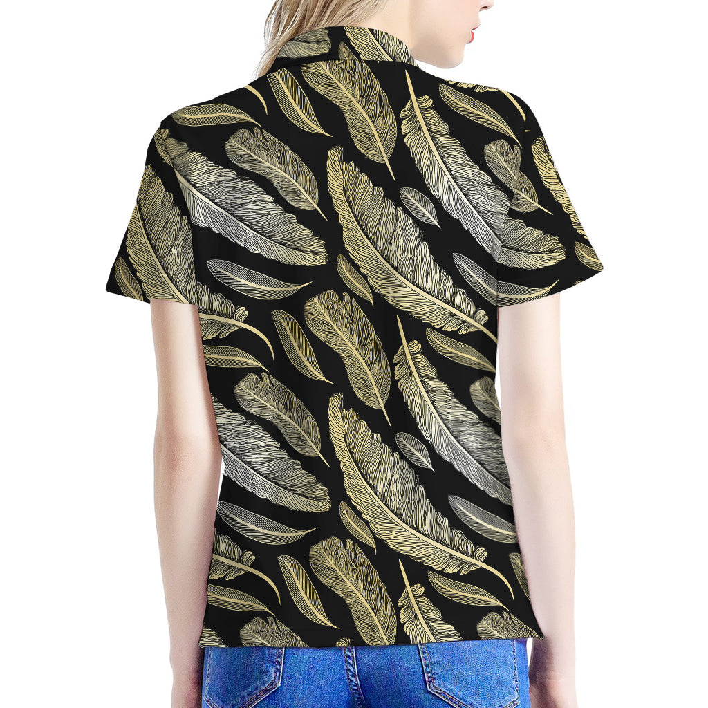 Gold And Black Feather Pattern Print Women's Polo Shirt