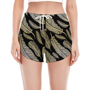 Gold And Black Feather Pattern Print Women's Split Running Shorts