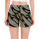 Gold And Black Feather Pattern Print Women's Split Running Shorts