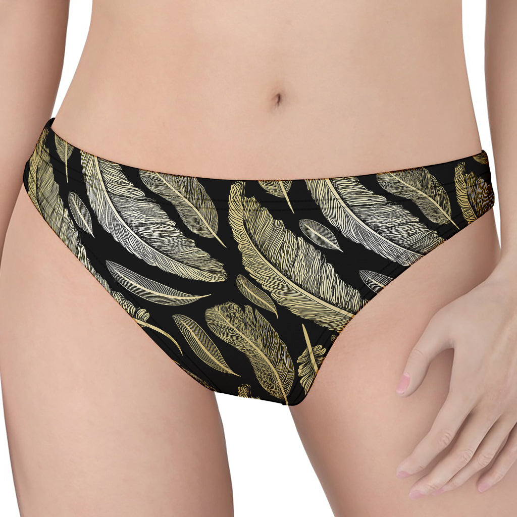 Gold And Black Feather Pattern Print Women's Thong