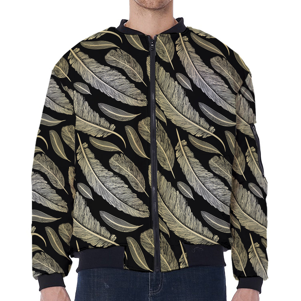 Gold And Black Feather Pattern Print Zip Sleeve Bomber Jacket