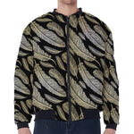 Gold And Black Feather Pattern Print Zip Sleeve Bomber Jacket