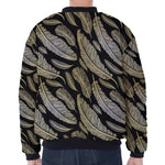 Gold And Black Feather Pattern Print Zip Sleeve Bomber Jacket