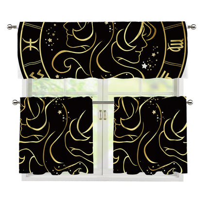 Gold And Black Gemini Sign Print 3 Piece Kitchen Curtains
