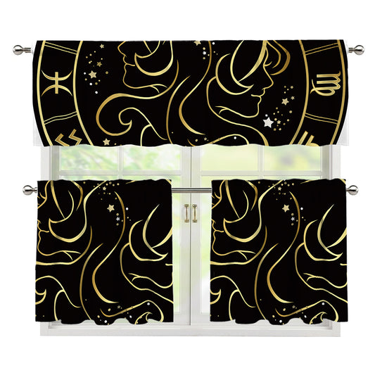 Gold And Black Gemini Sign Print 3 Piece Kitchen Curtains