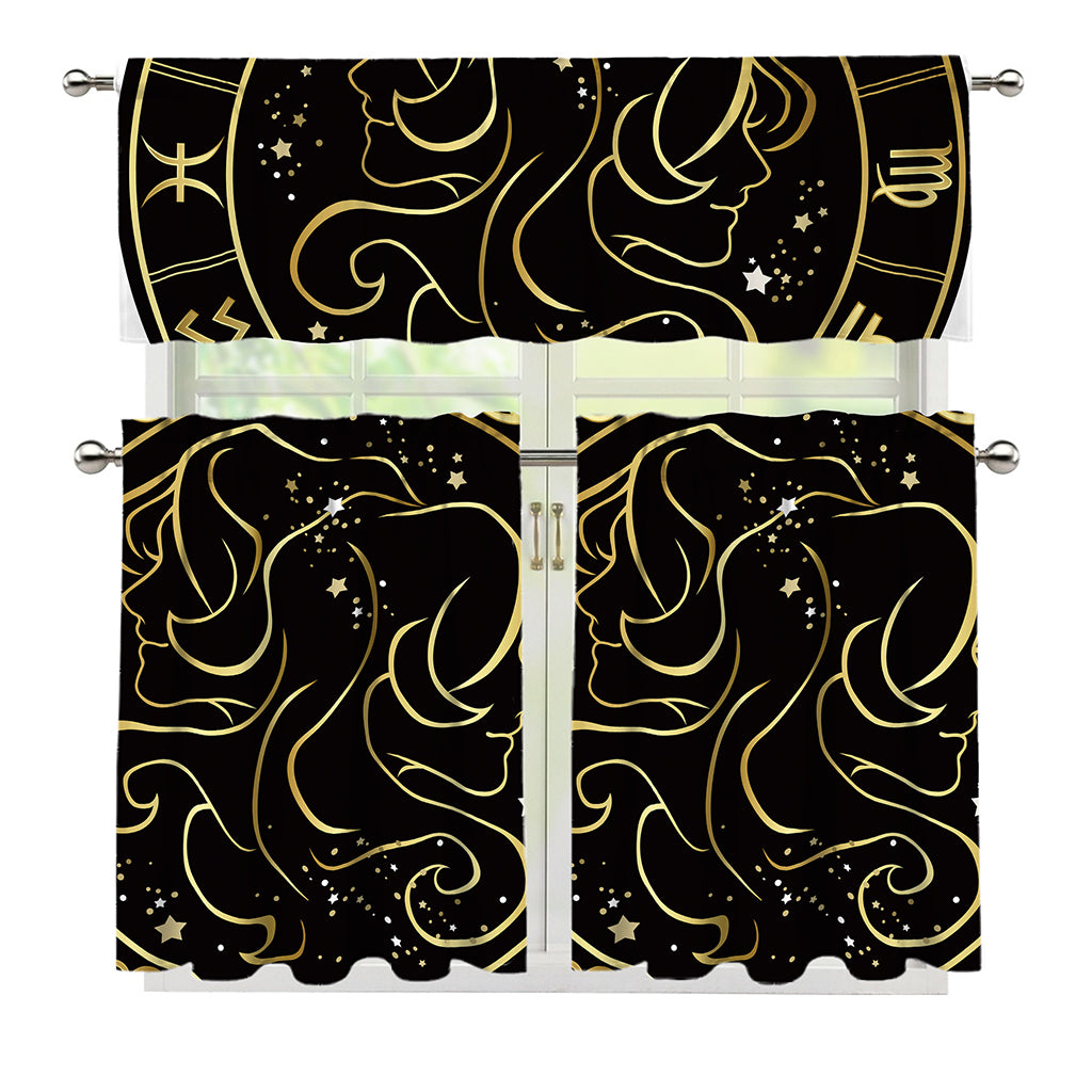 Gold And Black Gemini Sign Print 3 Piece Kitchen Curtains