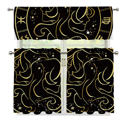 Gold And Black Gemini Sign Print 3 Piece Kitchen Curtains