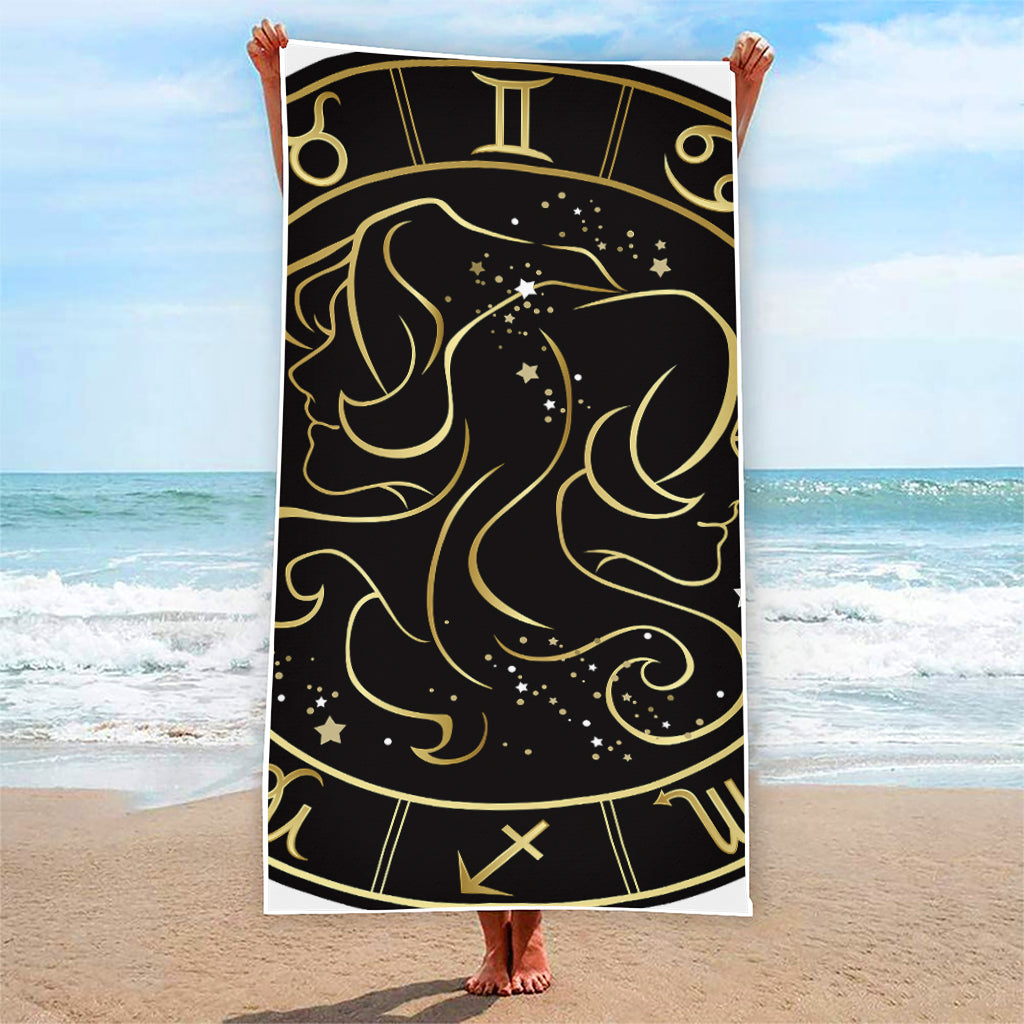 Gold And Black Gemini Sign Print Beach Towel