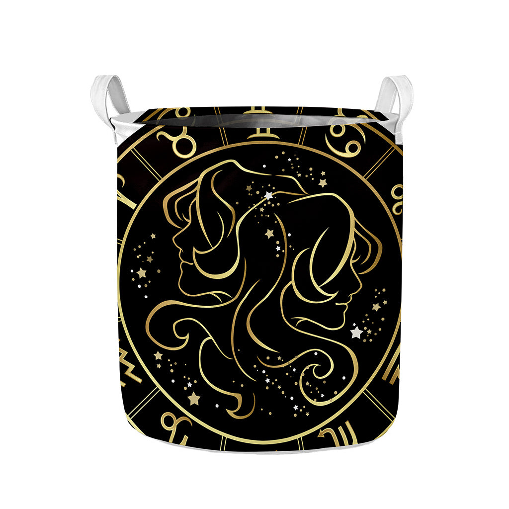 Gold And Black Gemini Sign Print Collapsible Laundry Basket