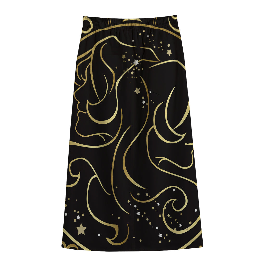 Gold And Black Gemini Sign Print Cotton Front Slit Maxi Skirt