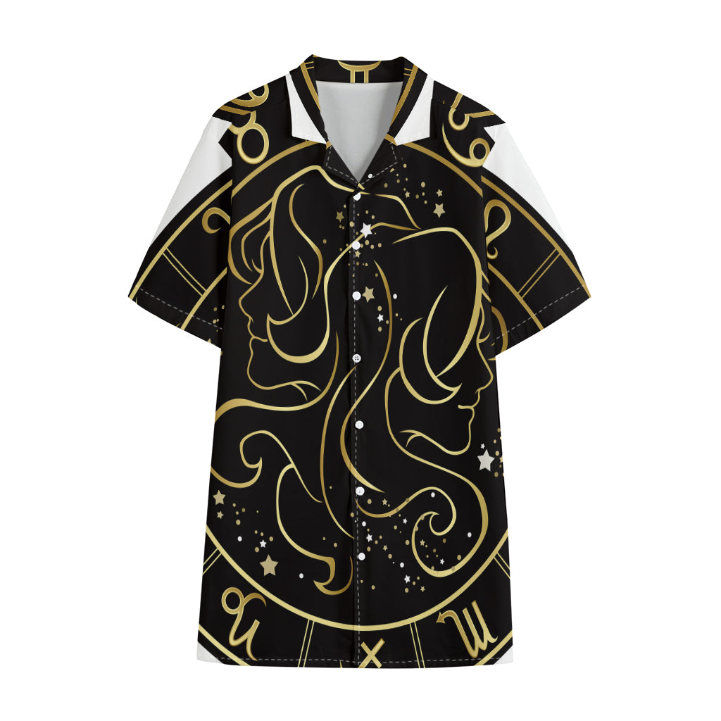 Gold And Black Gemini Sign Print Cotton Hawaiian Shirt