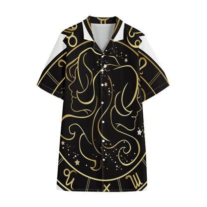 Gold And Black Gemini Sign Print Cotton Hawaiian Shirt