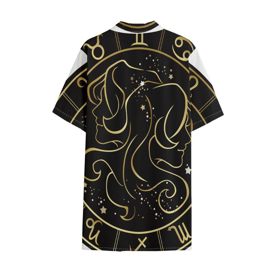 Gold And Black Gemini Sign Print Cotton Hawaiian Shirt