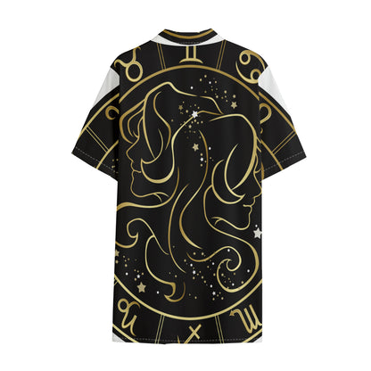 Gold And Black Gemini Sign Print Cotton Hawaiian Shirt