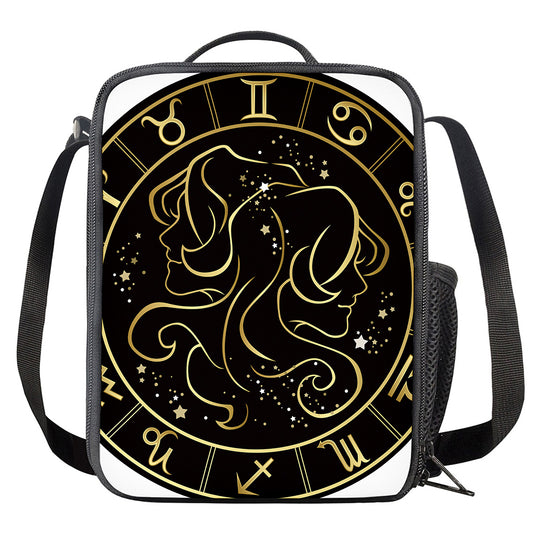Gold And Black Gemini Sign Print Crossbody Lunch Bag