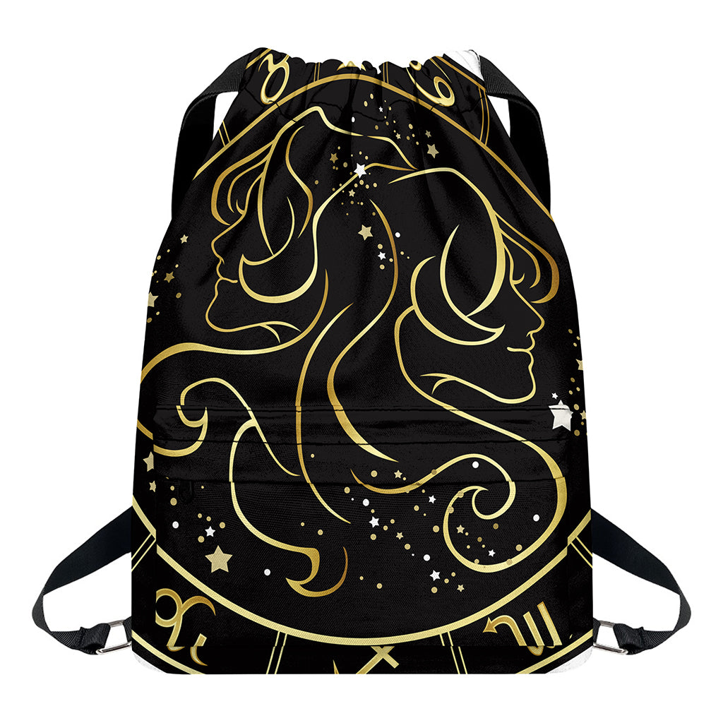 Gold And Black Gemini Sign Print Drawstring Backpack